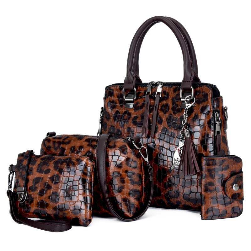 4PCS Handbags Women Large Capacity Shoulder Bag Stone Pattern PU Leather Crossbody Bags Sac A Main Femme Leopard Bag: Brown