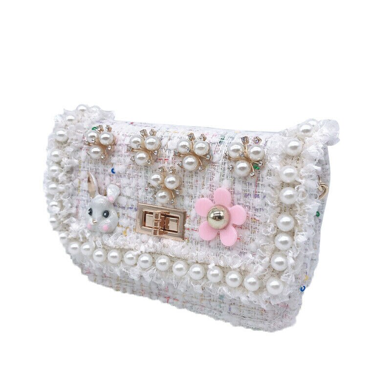 Newest Children Kids Baby Girl Pearl Flower Decor Handbag Shoulder Messenger Bag Cross Body Round Bag Girls: style3 white