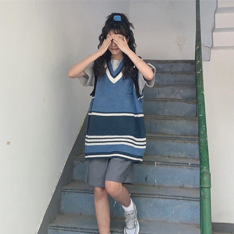 Chaleco Retro sin mangas de estilo coreano para mujer, suéteres tejidos a rayas, estilo Preppy, con cuello en V, informal, combina con todo