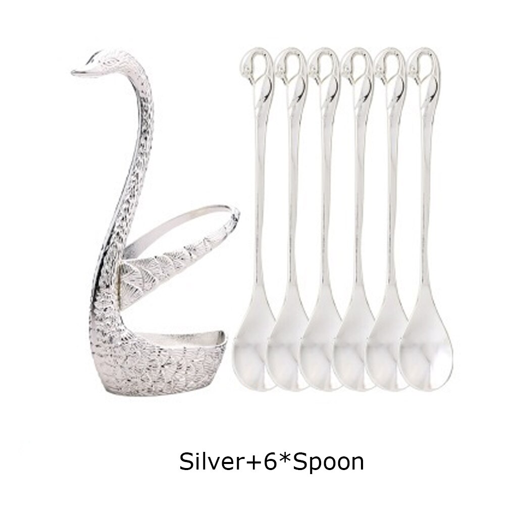 Base de cisne romántica, 7 piezas, vajilla de acero inoxidable para ensalada, postre, fruta, tenedores, cucharas de café, vajilla de cena, herramientas de cocina: Silver 6 Spoon