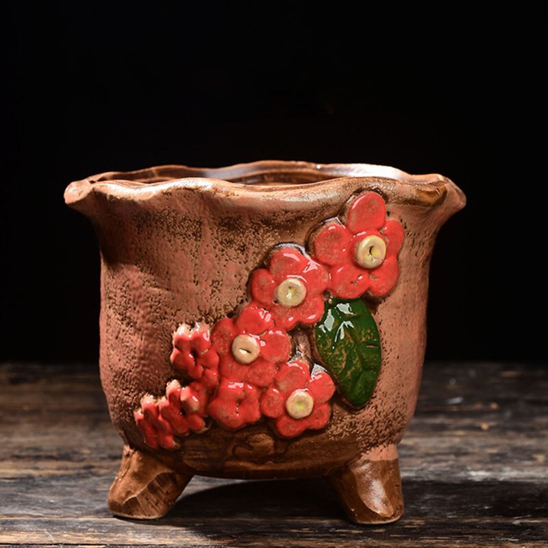 Ceramic Flowerpot Coarse Poterry Floral Pattern Fleshy Plant Pot Breathable Vase Office Desktop Ornaments Garden Decor