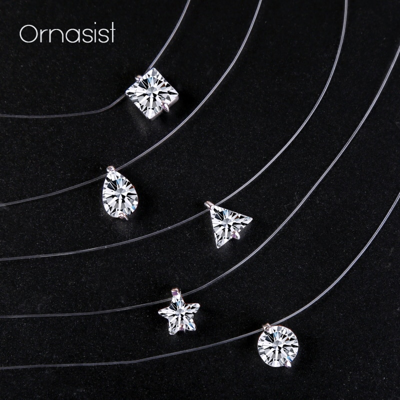 Chaîne transparente AAA Zircon collier Invisible ligne de poisson ras du cou femmes ovale coeur carré étoile goutte d'eau pendentif colliers