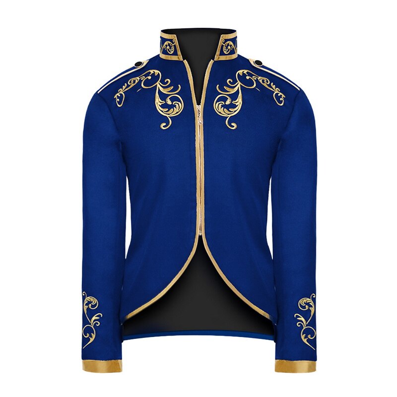 Monerffi prince guld broderi blazer til mænd middelalderlig slim fit jakkesæt krave lynlås jakkesæt frakke mandlige tøj: Blå / Xxxl