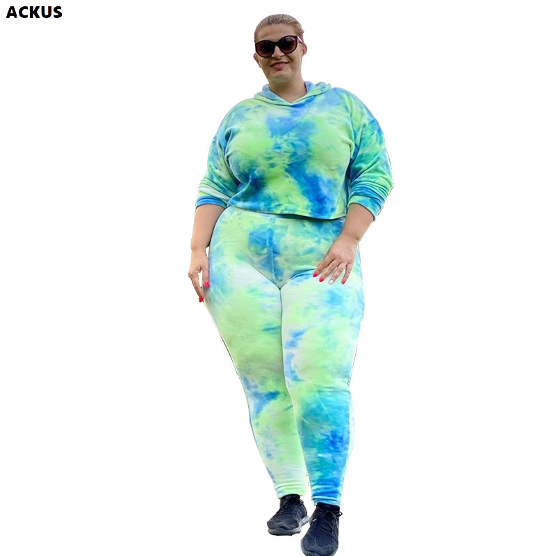 ACKUS Women Plus Size Set Tie Dye Loose Hoodies Tops Track Pants Two 2 Piece Sets Active Maxi Tracksuit Casual Outfits Autumn: XXXL