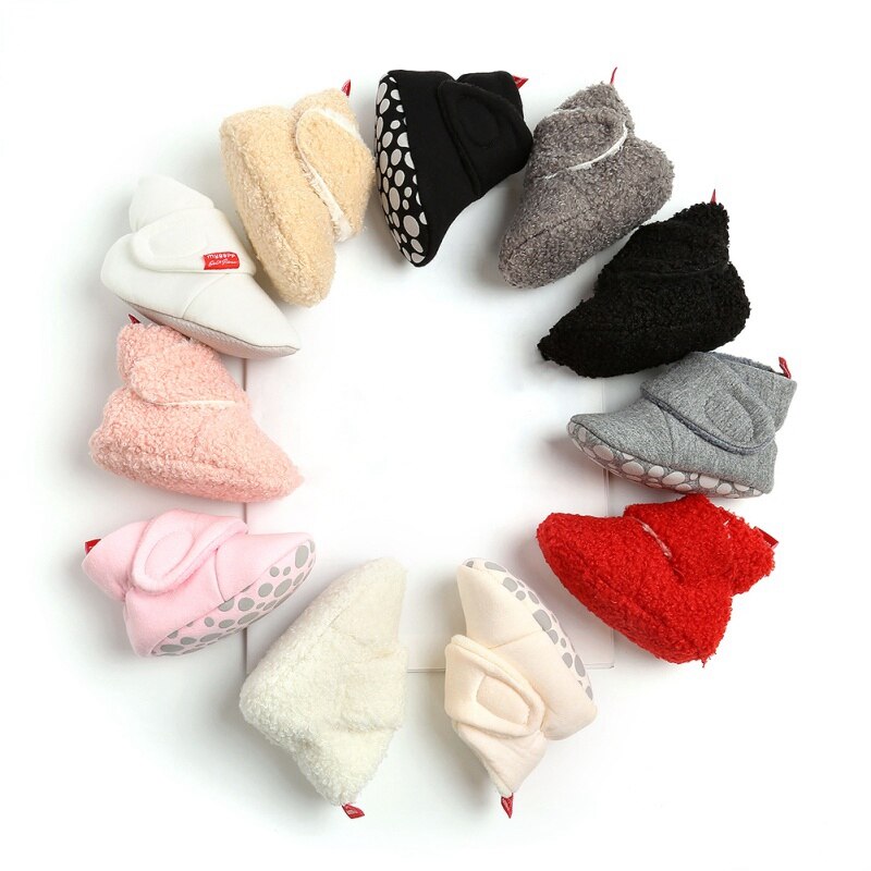 Inverno do bebê recém-nascido meninas botas de neve sapatos sólida cashmere de pelúcia retalhos botas moda fundo macio sapatos berço quente