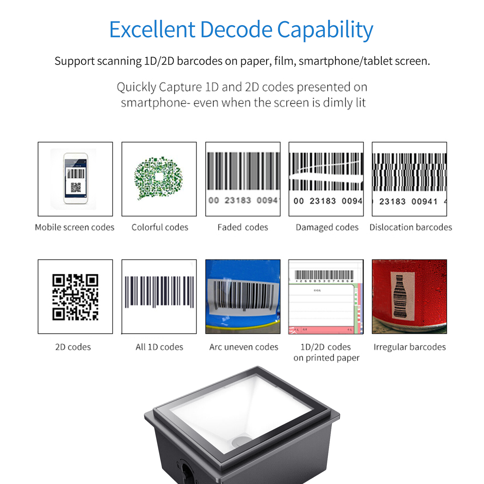 Aibecy Embedded 1D 2D QR Barcode Scanner Module CMOS Image Auto-scan Wired Fixed Mount Bar Code Reader Support Screen Scan