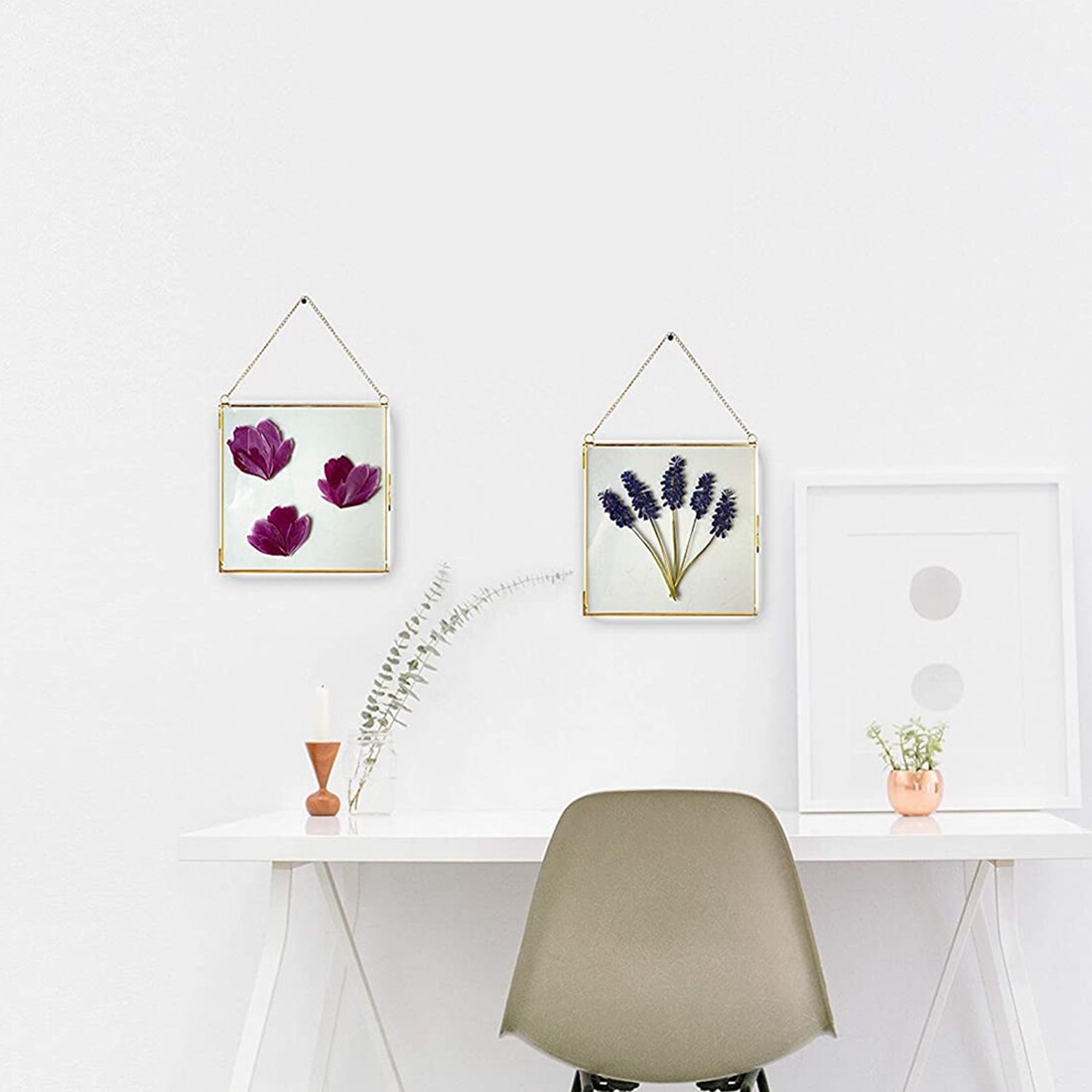 2Pcs Glass Frame for Pressed Flowers, Leaf and Artwork - Hanging Square Metal Picture Frames,Clear Double Glass Floating