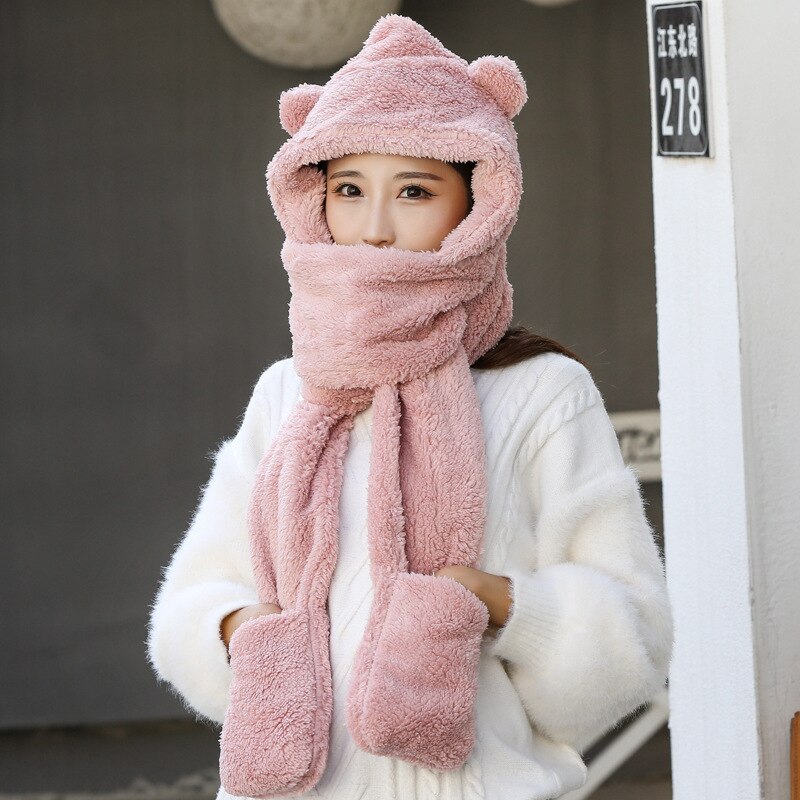 Women Cap Caps Warm Cute Bear Ear Hat Casual Plush Hat Scarf Set Casual Novelty Beanies Solid Winter WomenAC2164