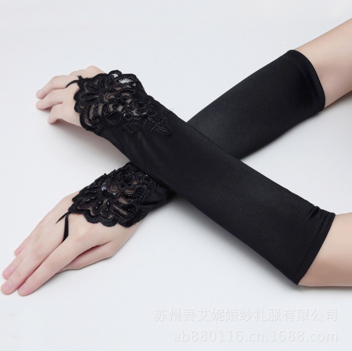 Guantes Blancos sin dedos para mujer, accesorio de encaje con abalorios, satén, para de graduación y boda, 1 par