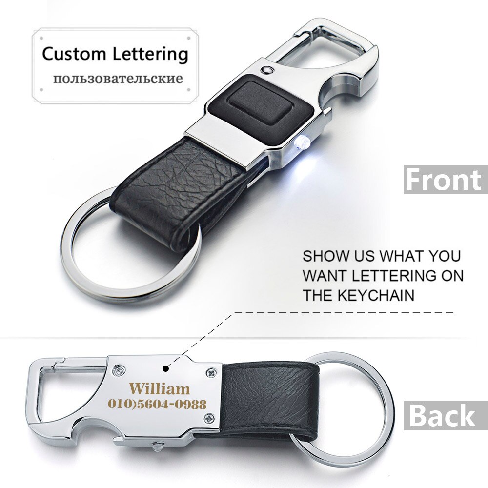 Dalaful Custom Belettering Sleutelhanger LED Verlichting Lamp Bier Opener Fles Multifunctionele Lederen Mannen Auto Sleutelhanger Ring Houder K355: Custom Lettering BL