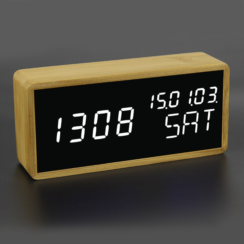 100% Bamboo Digital Alarm Clock Wooden LED Table Clock Electronic Despertador Desk Brightness Voice Snooze Control Temperature: 88-White