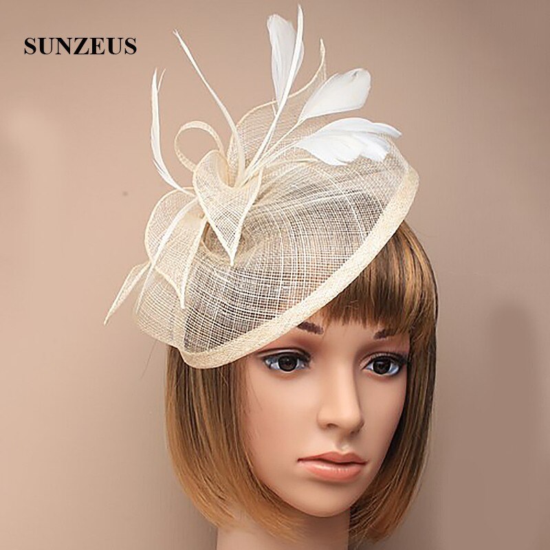 Sombreros y tocadores de boda con plumas de lino, sombreros de novia elegantes de Color dorado, sombrero de mujer, accesorios para el cabello SH13: Beige