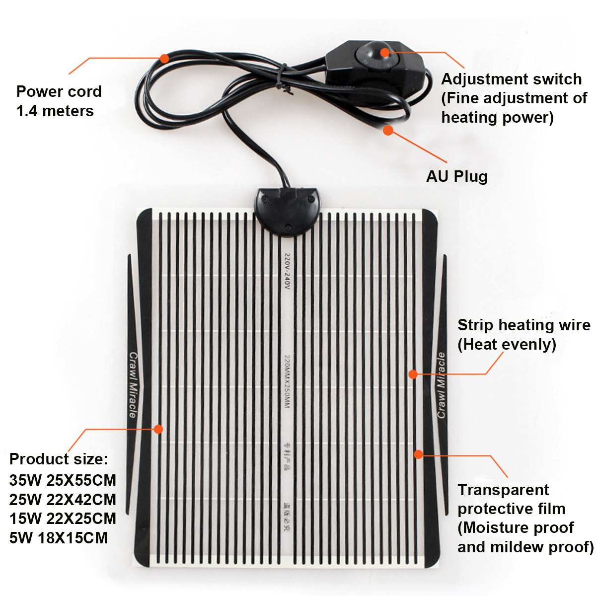 5W/15W/25W/35W 220V Reptile Heating Mat Adjustable Temperature Controller Pet Warm Heat Pad for Snakes Tortoise Lizard Spider AU