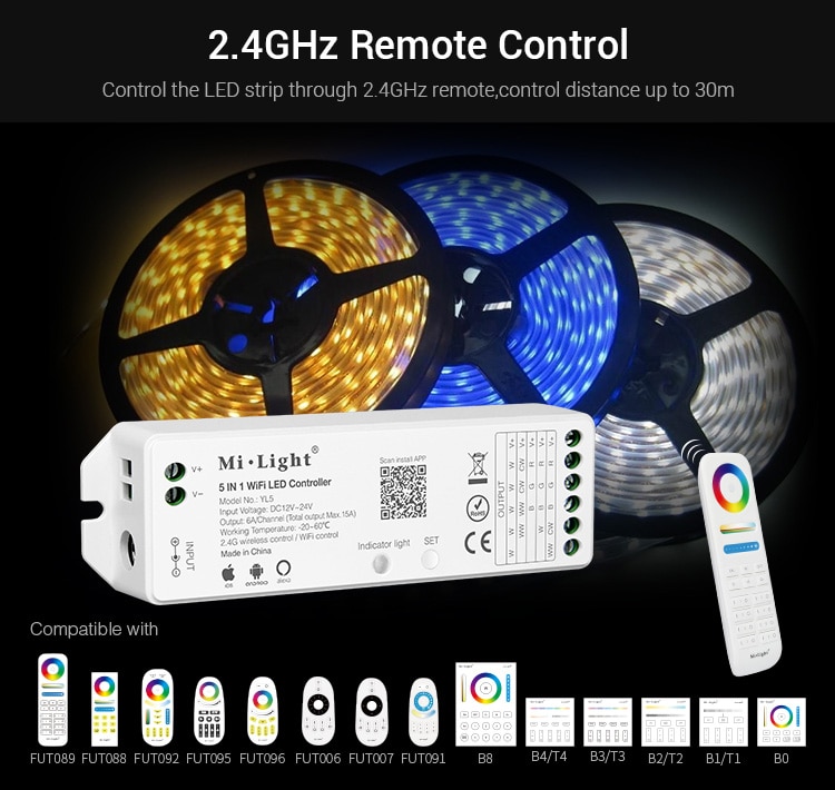 Miboxer WL5 5 IN 1 WiFi LED Controller DC12~24V 15A Mi Light WiFi Control for 3528 5050 CCT DIM RGB RGBW RGB+CCT LED Strip light