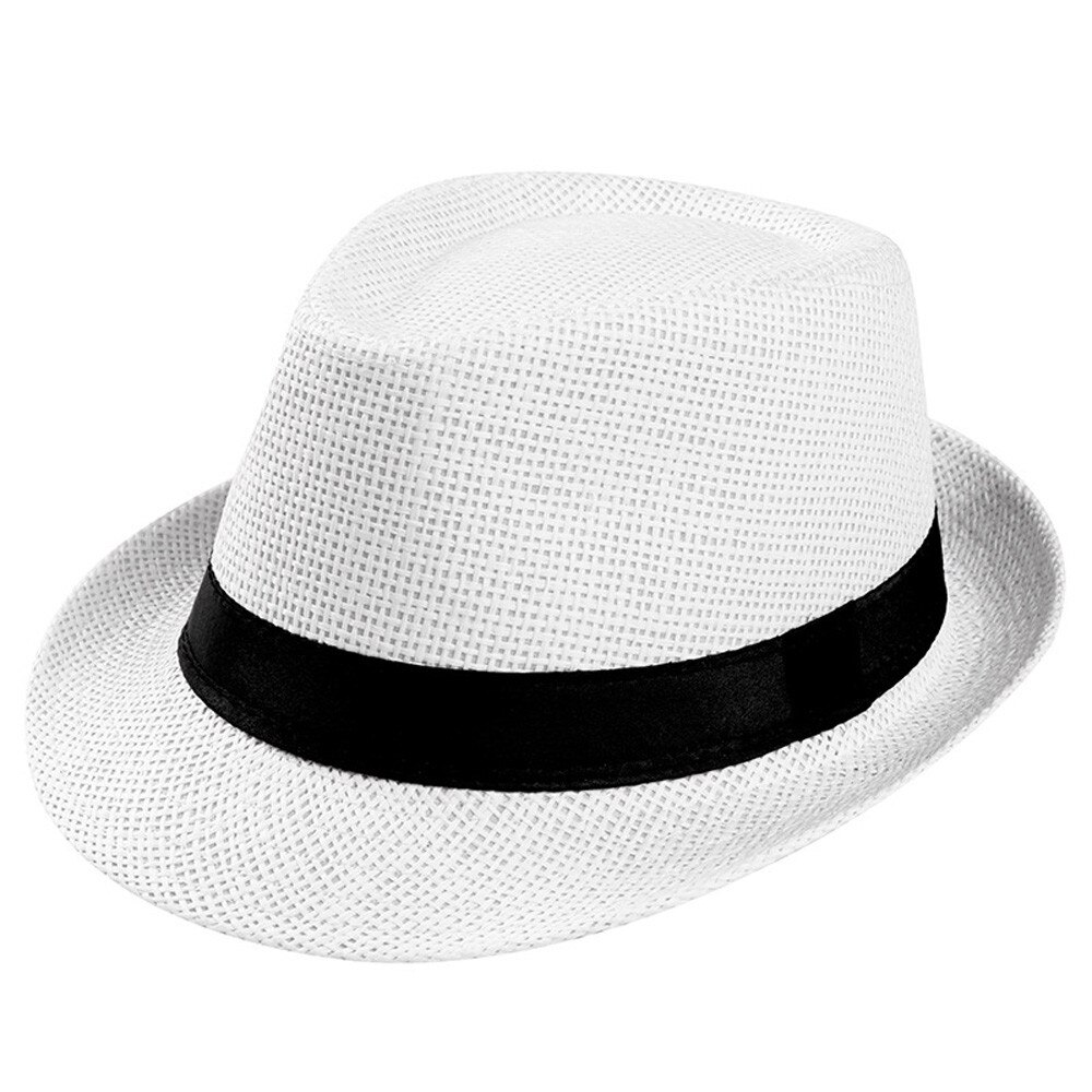 Sombrero de paja con banda para el sol para hombre y mujer, sombrero de gángster con contraste, para playa y verano: White 