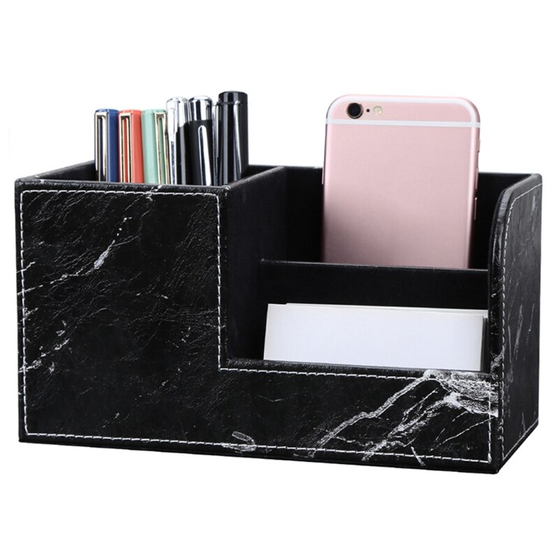 Sort marmor læder skrivebord papirvarer arrangør pen blyant holder visitkort stå mobiltelefon fjernbetjening opbevaringsboks