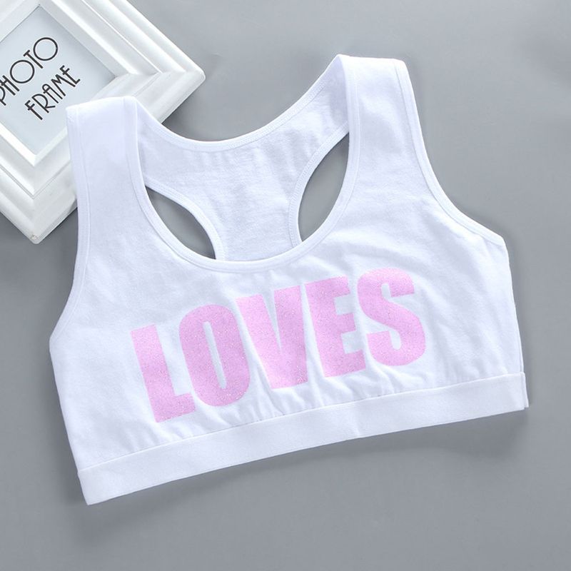 Girl Cotton Sport Training Bra Letter Print Solid Color Wide Strap Underwear Bralette