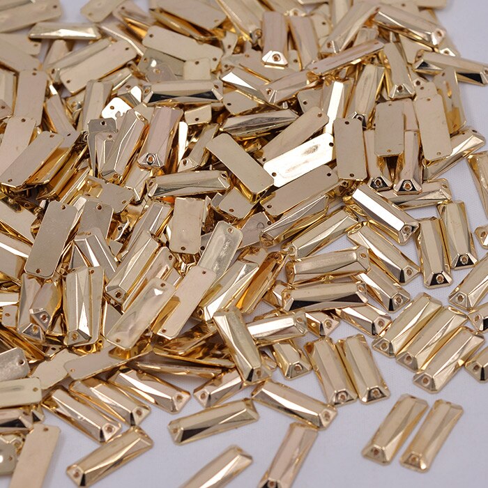 Junao 200 Pcs 7*21 Mm Naaien Gouden Rechthoek Rhinestone Applique Platte Achterkant Acryl Strass Naaien Op Golden Crystal stenen Voor Kleding