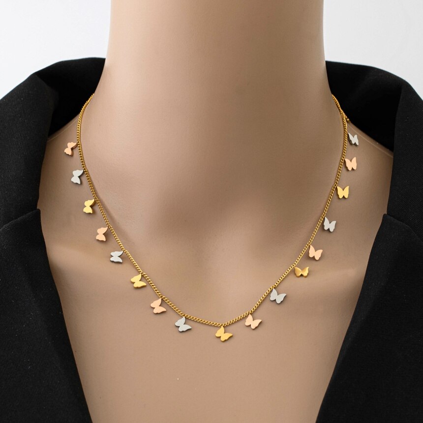 316L Stainless Steel Butterfly Charm Choker Necklace - Geometric Pendant - Trendy Jewelry for Women