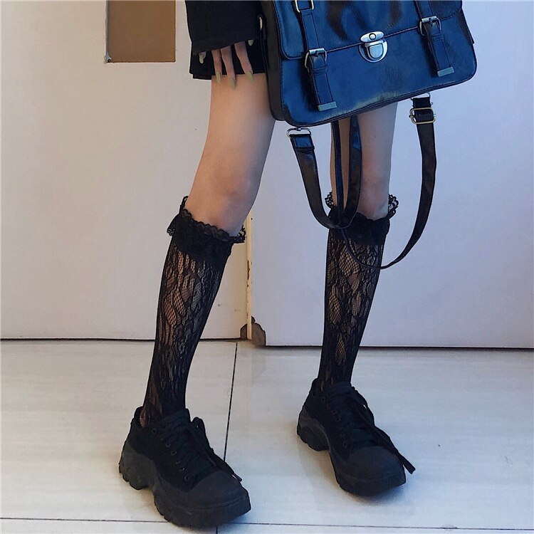 Femmes coréenne Style rétro dentelle chaussette fille Harajuku gothique Punk jarretière ceinture chaussettes Anime Lolita à lacets bas Streetwear: black