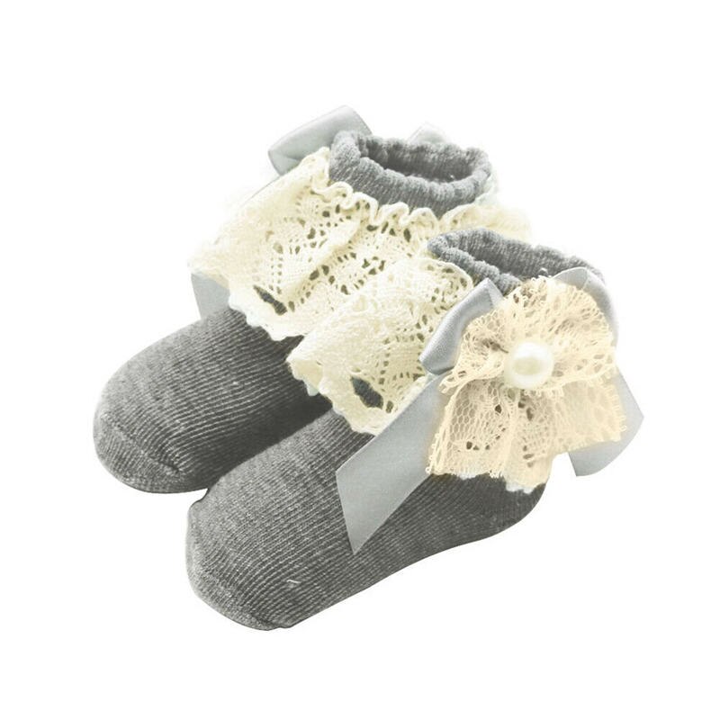 WunderschöNe prinzessinnensocken für babys und kleinkinder, atmungsaktive baumwollsocken mit spitze, kuschelig weich, mit schleife.: Grau