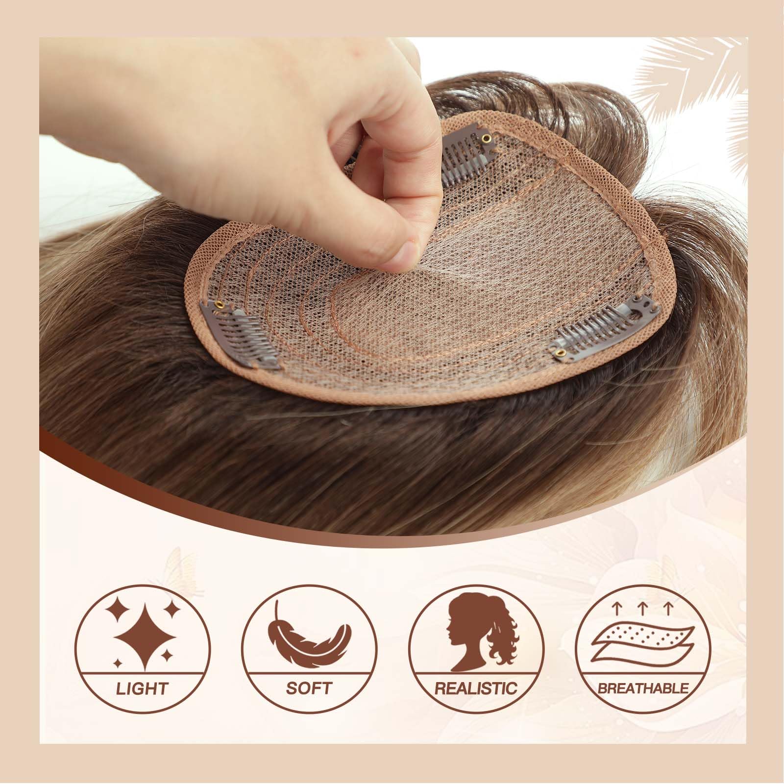 Ombre Braune Echthaar-Deckel-Perücken mit Pony, Seidenbasis-Clip-Stücke, 35,6 cm, gerade Deckel-Haare für Damen-Haarverlängerung