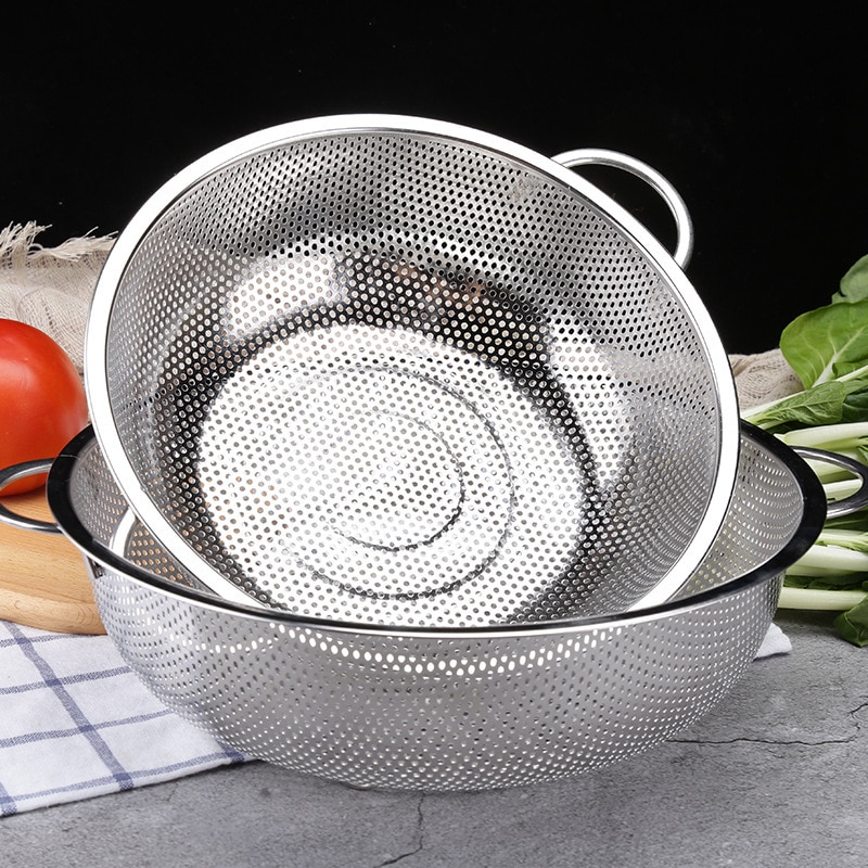 Rustfrit stål mikroperforeret madsi mesh dørslag rund dræning skylning vask pasta grøntsager bakke frugt bassin