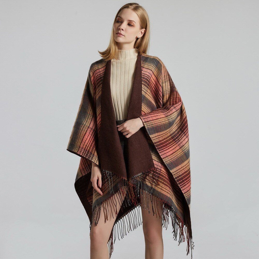 Scottish Classic Color Women Autumn Spring Plaid Shawl Cloak Imitation Cashmere Tassel Thick Warmth Split Shawl Stole Pashmina