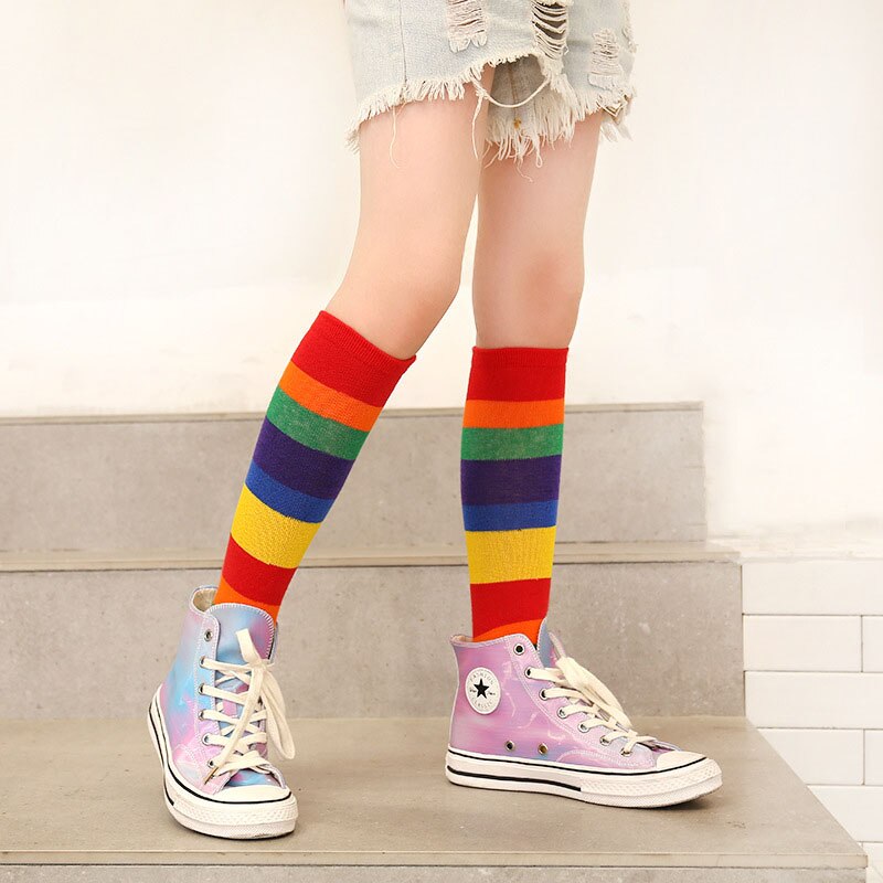 Spring Autumn Girl Boy Cotton Knee High Socks for Children 2-12Y Colorful Striped Rainbow Tube Long Socks Kids