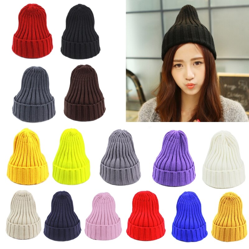 Unisex Winter Chunky Ribbed Knit Pointed Beanie Hat Neon Solid Candy Color Stretch Snow Ski Cuffed Skull Cap Ear Warmer