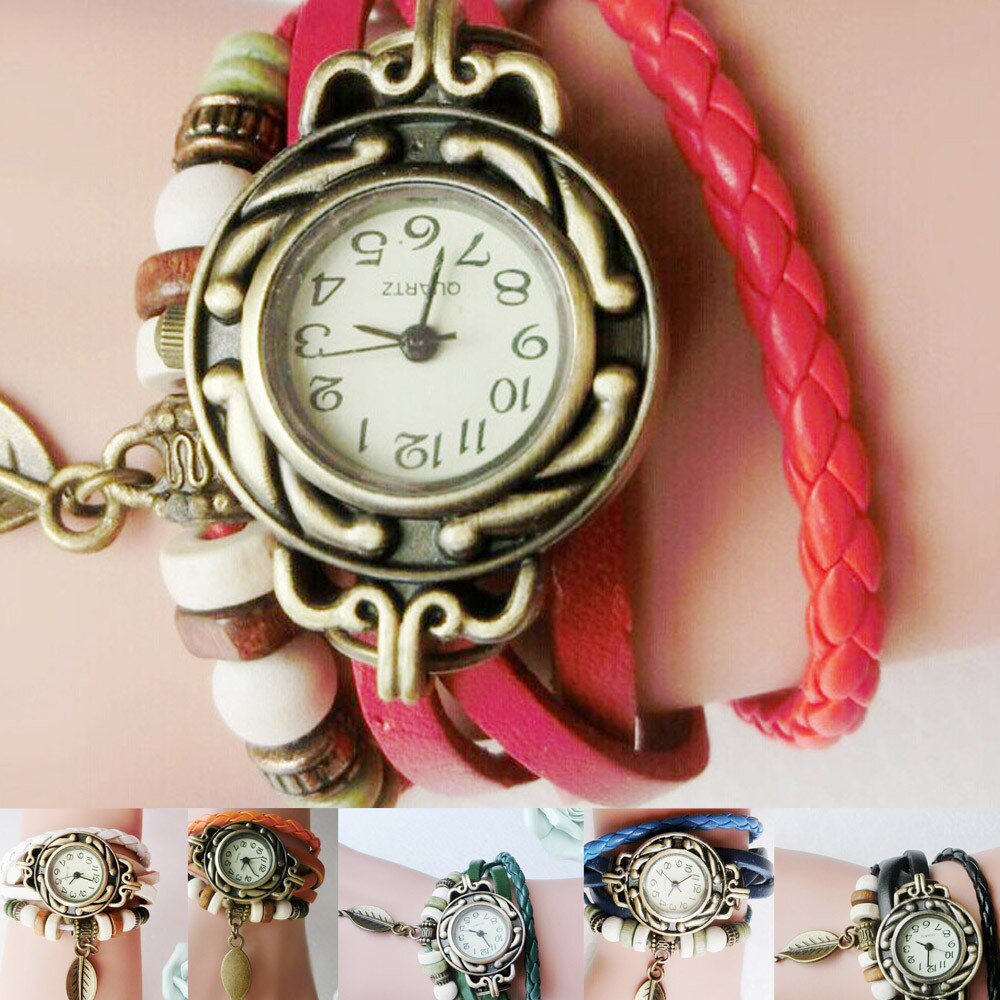 Vintage Lederen Vrouwen Armband Horloge Retro Lederen Winding Armband Leaf Hanger Horloge Dames Horloges Klok Reloj Mujer