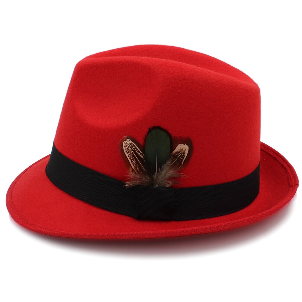 Kvinners sorte feminino filt fedora lue til dame vinter høst derby jazzhatter britiske trilby jazzhatter skinn størrelse 57cm: Rød