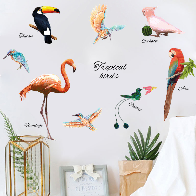 Trooppiset vihreät lehdet flamingo linnut seinätarrat kukat juliste kasvi olohuoneen sisustus koriste vinyylit irrotettava kodin tarra
