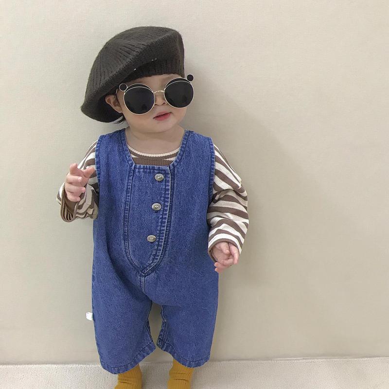 Baby Boy Denim Jumpsuit Autumn Infant Sleeveless Romper For Girls Kids Denim Overalls With Striped T Shirts