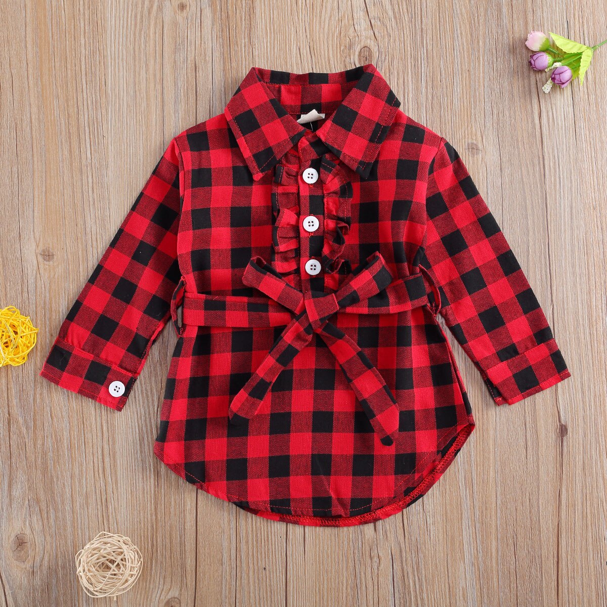Forår efterår barn baby piger kjole plaid midi langærmet revers krave høj talje linning knapper prinsesse afslappet skjorte 0-5y: Rød / 18m