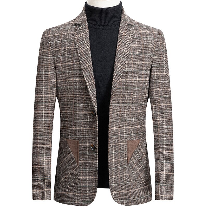 Blazer de estilo británico para hombre, de boda de un solo pecho Chaqueta de vestir, a cuadros, traje ajustado, chaqueta de otoño: YELLOW / XL
