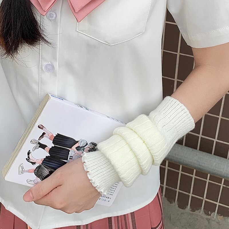 Frilly Knit Arm Warmer Women's Kawaii Leg Warmers White Black Striped Winter Arm Sleeves Japanese Cute Flared Leg Warmers T433