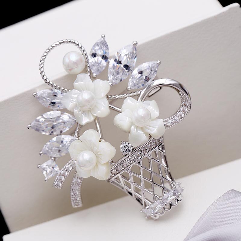 RED TREES Flower Basket Brooch - Zircon & Shell Pearl - Sterling Silver Plated - Wedding Bouquet Accessory