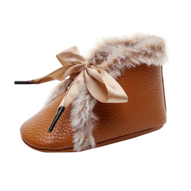 -né bébé bottes en simili cuir polyuréthane hiver anti-dérapant velours premiers marcheurs filles garçons doux semelles chaussons enfant en bas âge Bowknot à lacets chaussures