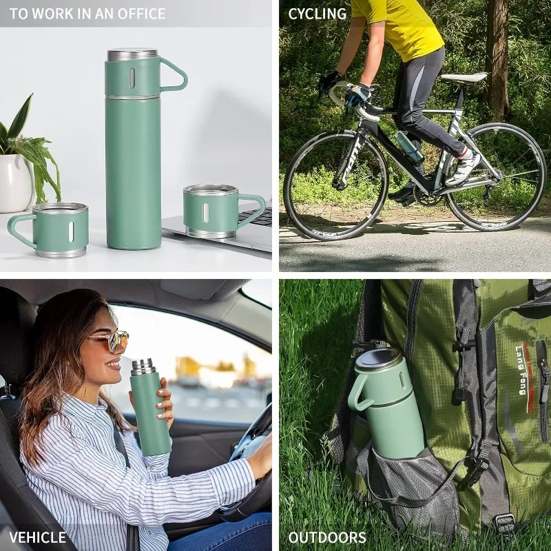 Juego 3 en 1 de botella de agua de 500ml + 2 vasos de 3 tapas, termo de vino de acero inoxidable, taza de cristal con aislamiento al vacío, taza de cerveza,