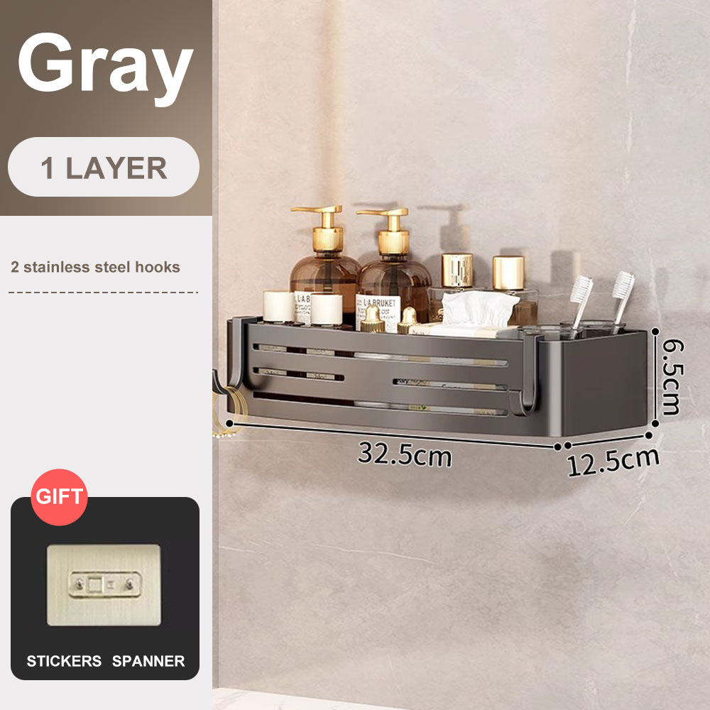 1-2PCS Badezimmer Eckregal mit Kunststoff Haken Handtuchhalter Kein Bohrenraum Aluminium Dusche Lagerregal Badezimmer Organizer: Blau