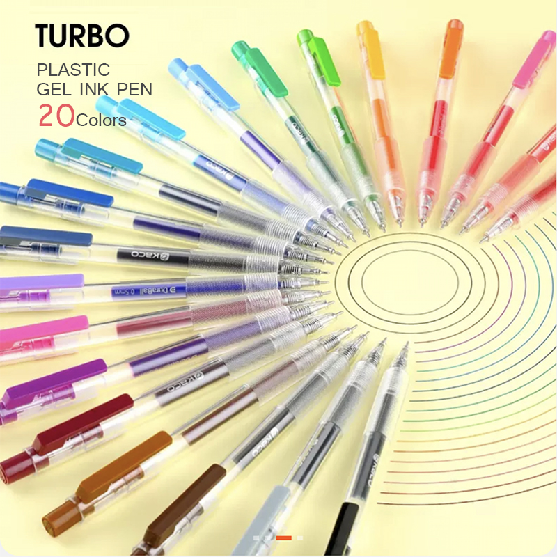 KACO TURBO Gel Pens Press 20 Colors Pen 0.5MM Colorful Ink Sign Pens 800M Writing High-Capacity Rainbow Pen for Student Office