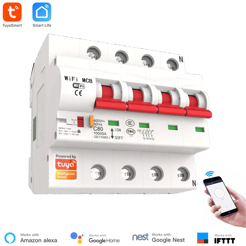 Tuya Smart Stroomonderbreker 63A 1P/2P/3P/4P Wifi Smart Circuit Breaker automatische Schakelaar Overbelasting Kortsluiting Alexa: 4P 63A