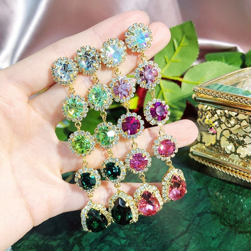 Mengjiqiao Koreaanse Luxe Kleurrijke Kristallen Lange Oorbellen Voor Vrouwen Volledige Rhinestone Brincos Mode-sieraden
