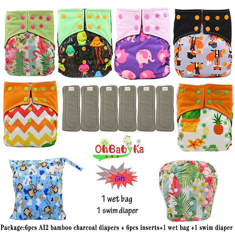 Ohbabyka AI2 wiederverwendbar Tuch Windeln für Mädchen, einstellbare Waschbar Windel 6 stücke + 6 stücke Bambus Holzkohle Einsätze + nass Tasche + Schwimmen Windel: 81