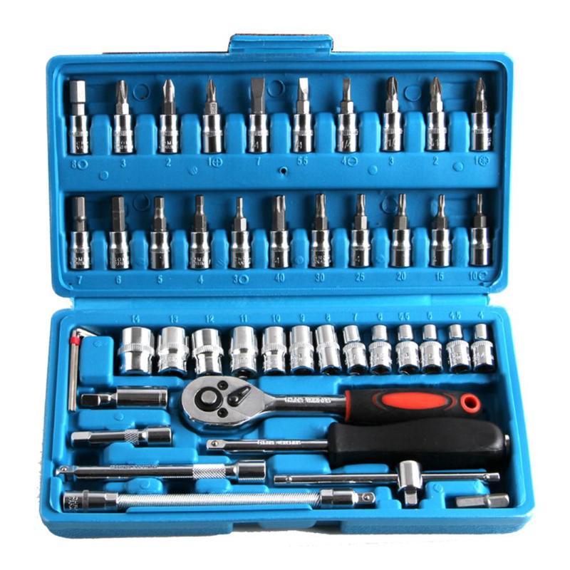 46pcs Socket Ratchet Car Repair Tool Wrench Set Head Ratchet Pawl Socket Spanner Screwdriver Metalworking Tool Kit: Blue