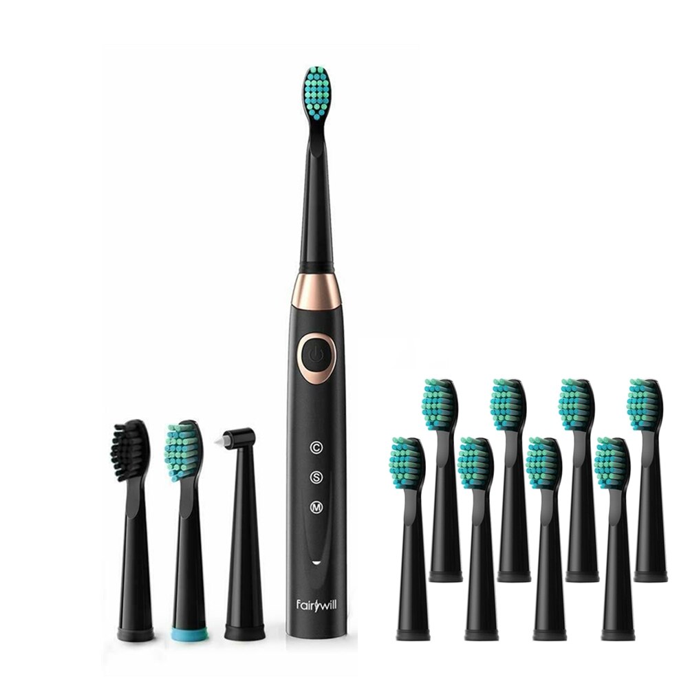 Fairywill Sonic brosse à dents électrique adulte USB Rechargeable étanche 5 minuterie intelligente 3 têtes de brosse à dents de remplacement FW508: 508Black-FW02-2