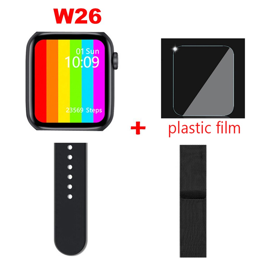 Original W26 Smartwatch IWO 13 Pro 12 1,75 Zoll 320*385 Smart Uhr Männer Frauen DIY Uhr Gesicht drahtlose Ladegerät Thermometer: W26 black add black / WITH BOX