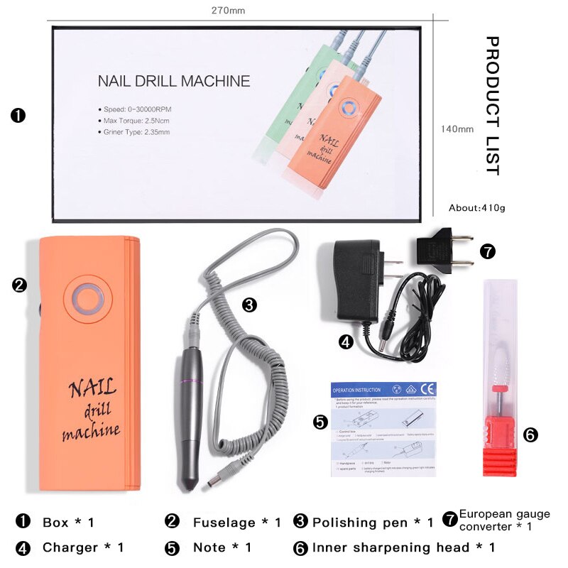 30000 RPM Rechargeable Portable Electric Nail Manicure Machine Pedicure Nail Polisher Remove Nail Drill Bits Set Tools TSLM2