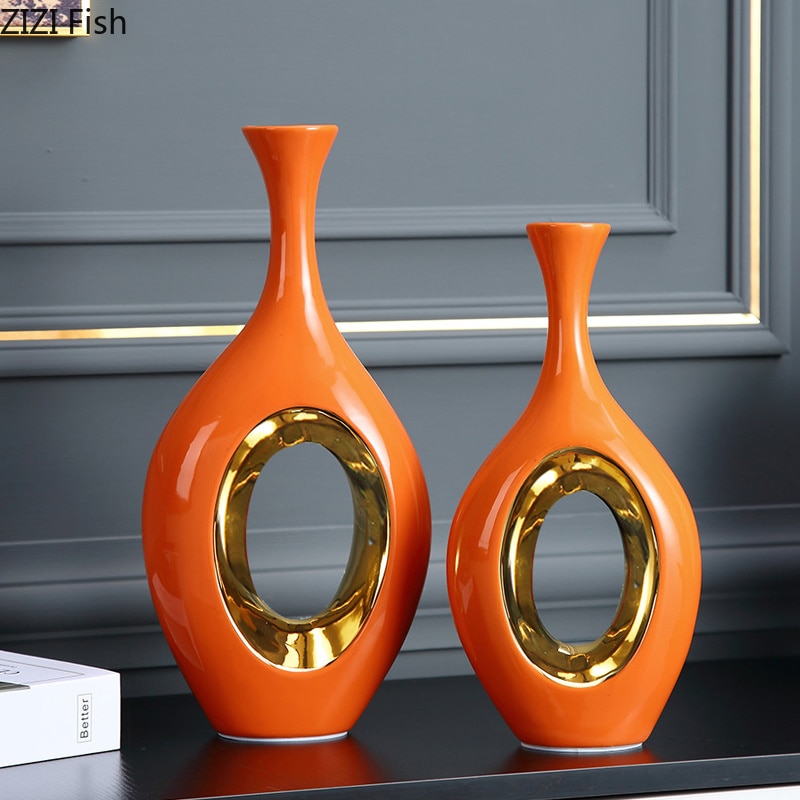 Modern Luxury Orange Phnom Penh Ceramic Vase Living Room Entrance Family Decoration Hollow Flower Vase Home Decoration